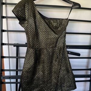 French Connection One Shoulder Metallic Black & Gold Dress – Size 8